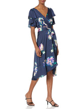 DKNY Women's Double Ruffle Sleeve Asymmetrical Hem Faux Wrap Dress, Midnight Combo, 10